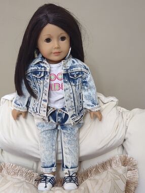 American Girl Doll with Acid-Wash Denim Jacket & Jeans  with White Graphic Tee